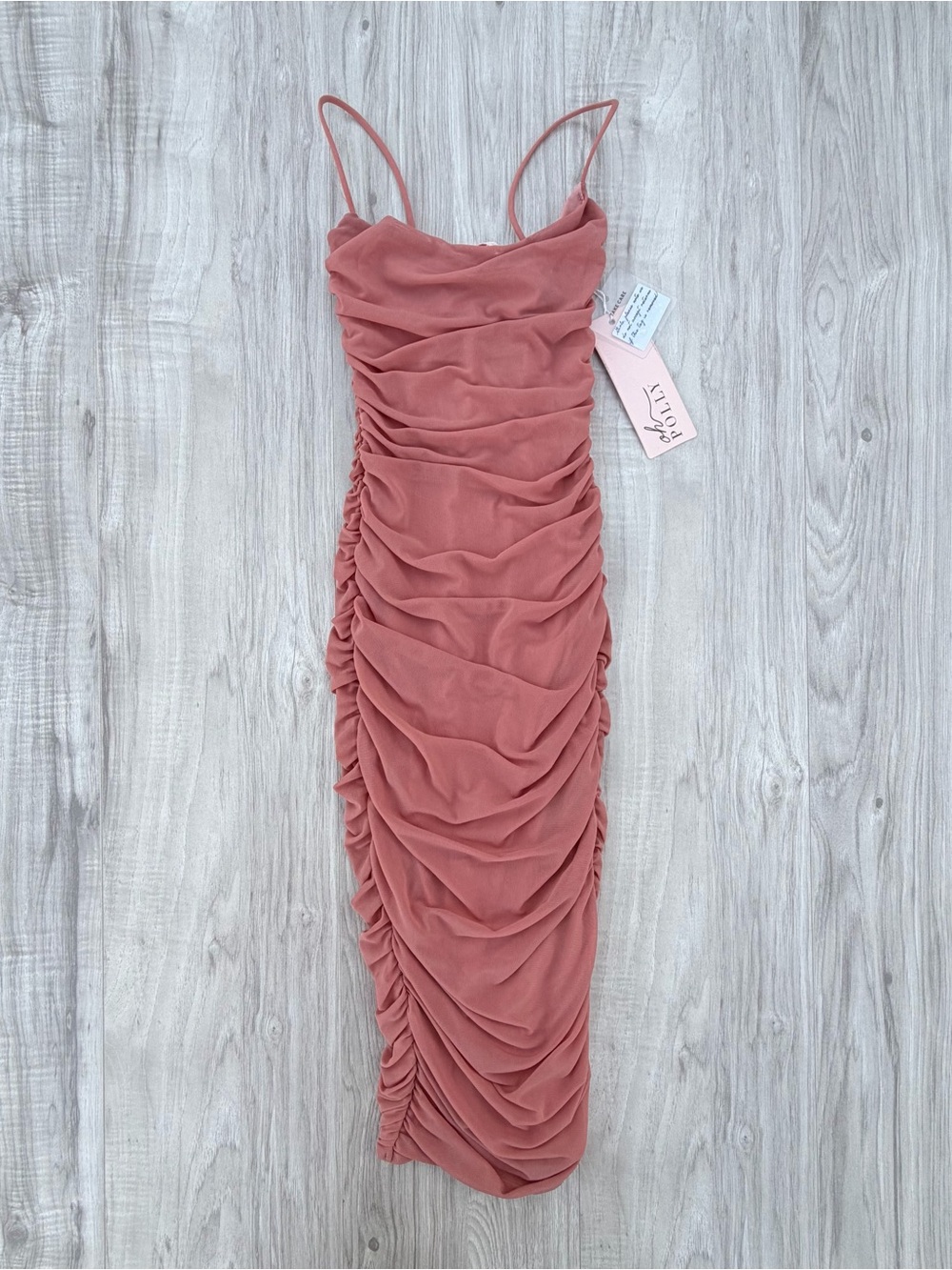 Oh Polly First Date Ruched Mesh Bodycon in Mauve